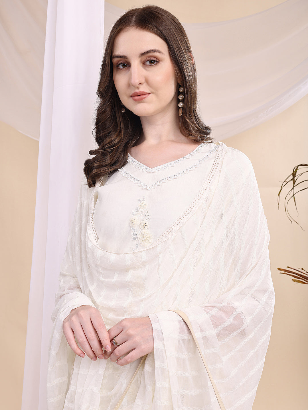 Applique Beads & Lace Embroidered Kurta With Pant & Dupatta, White - Hiral Fashion
