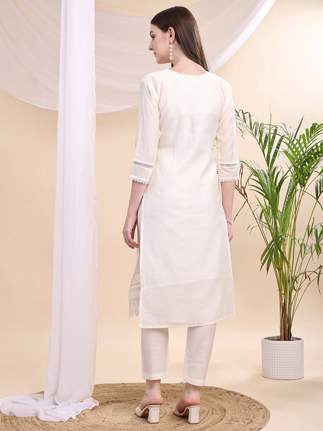 Applique Beads & Lace Embroidered Kurta With Pant & Dupatta, White - Hiral Fashion