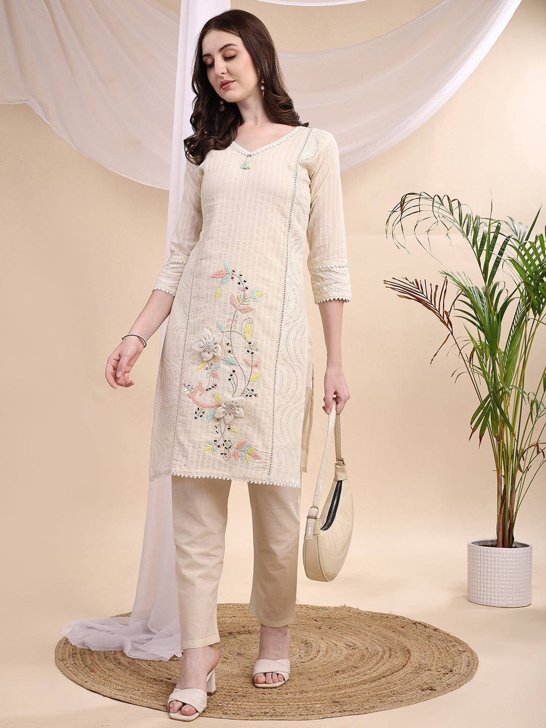Mirror And Hand Embroidered Co Ords, Cream - Hiral Fashion