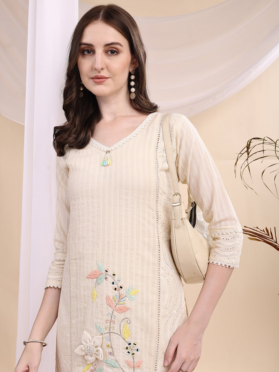 Mirror And Hand Embroidered Co Ords, Cream - Hiral Fashion