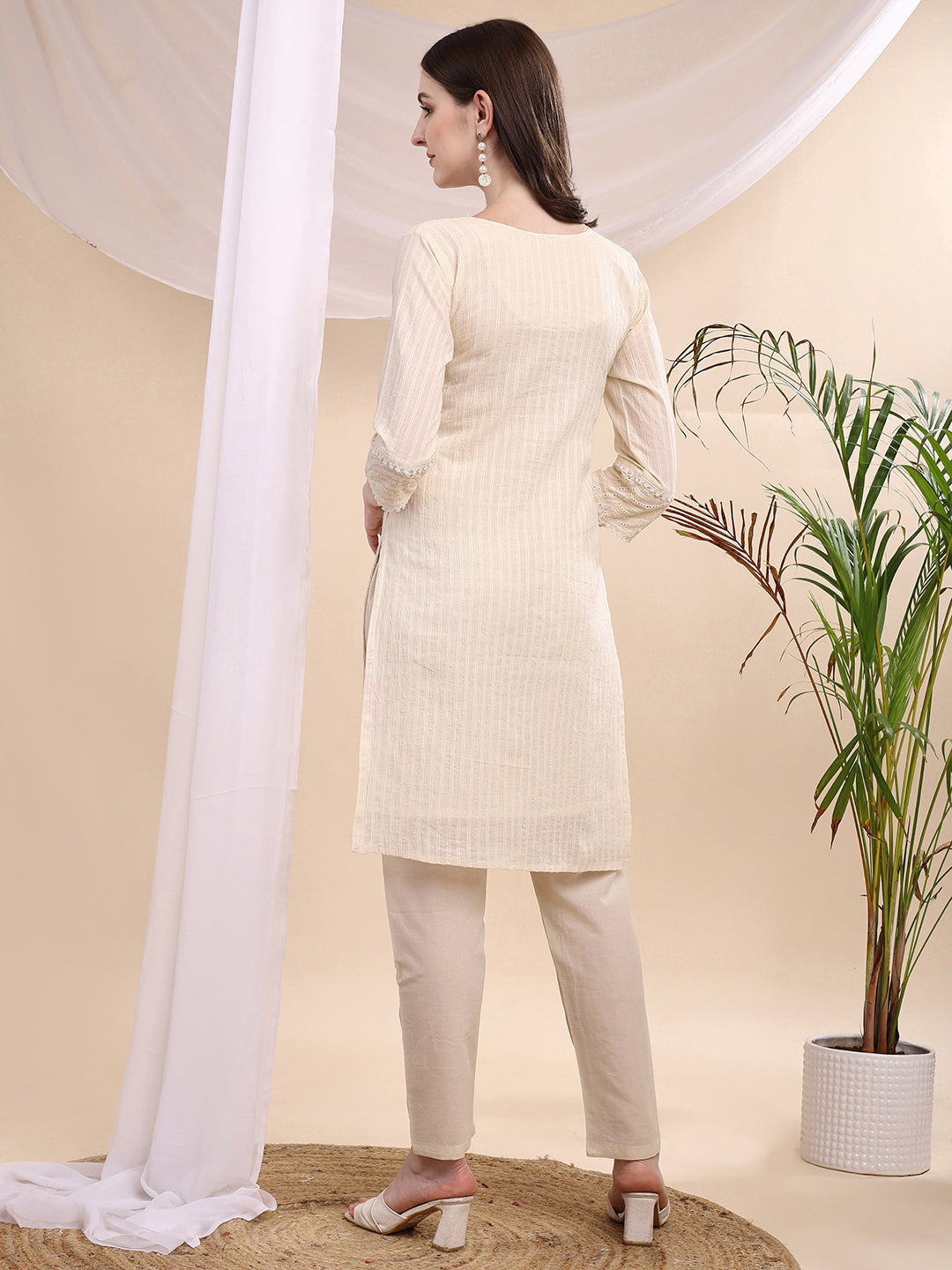 Mirror And Hand Embroidered Co Ords, Cream - Hiral Fashion