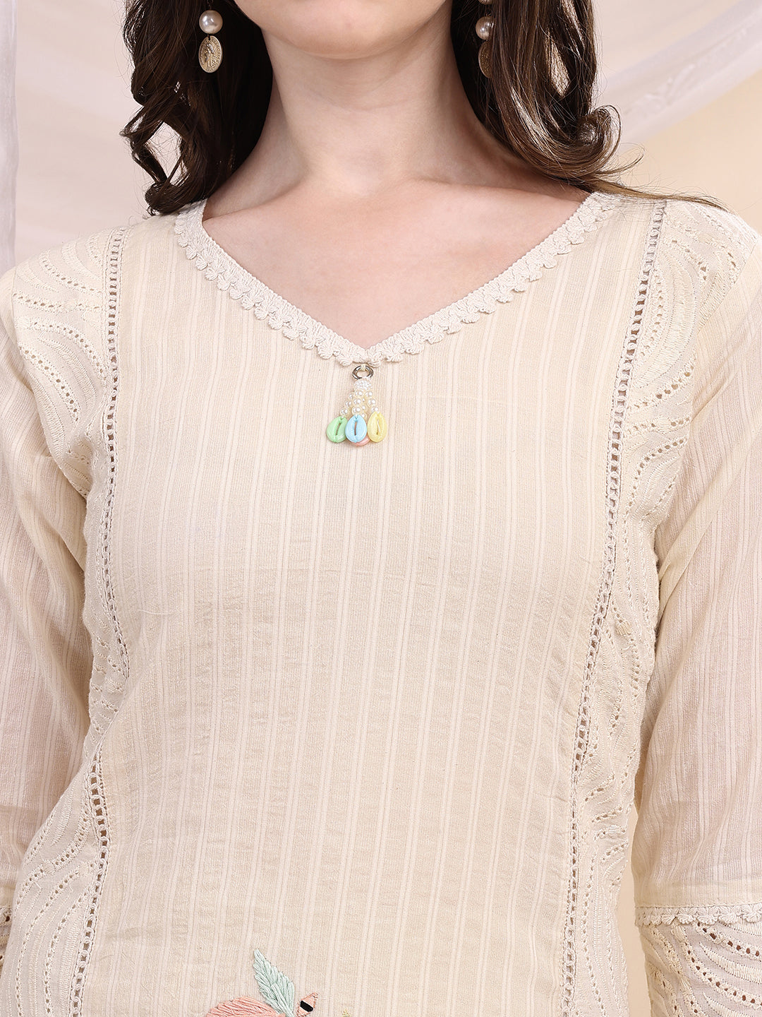 Mirror And Hand Embroidered Co Ords, Cream - Hiral Fashion