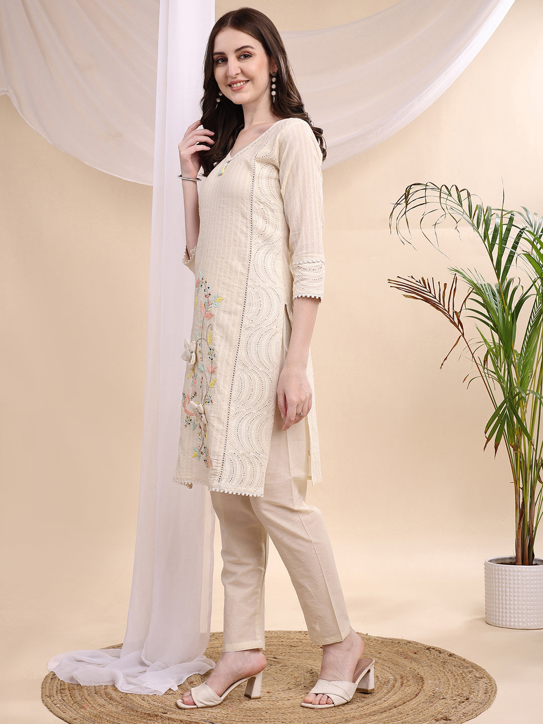 Mirror And Hand Embroidered Co Ords, Cream - Hiral Fashion