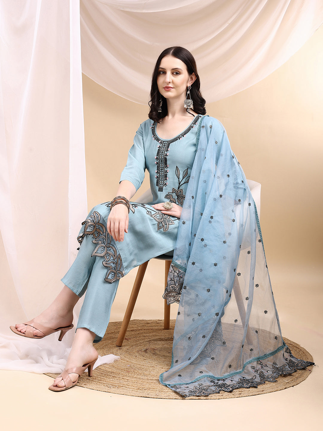 Embroidered Kurta With Pant & Embroidered Dupatta, Aqua-Blue - Hiral Fashion