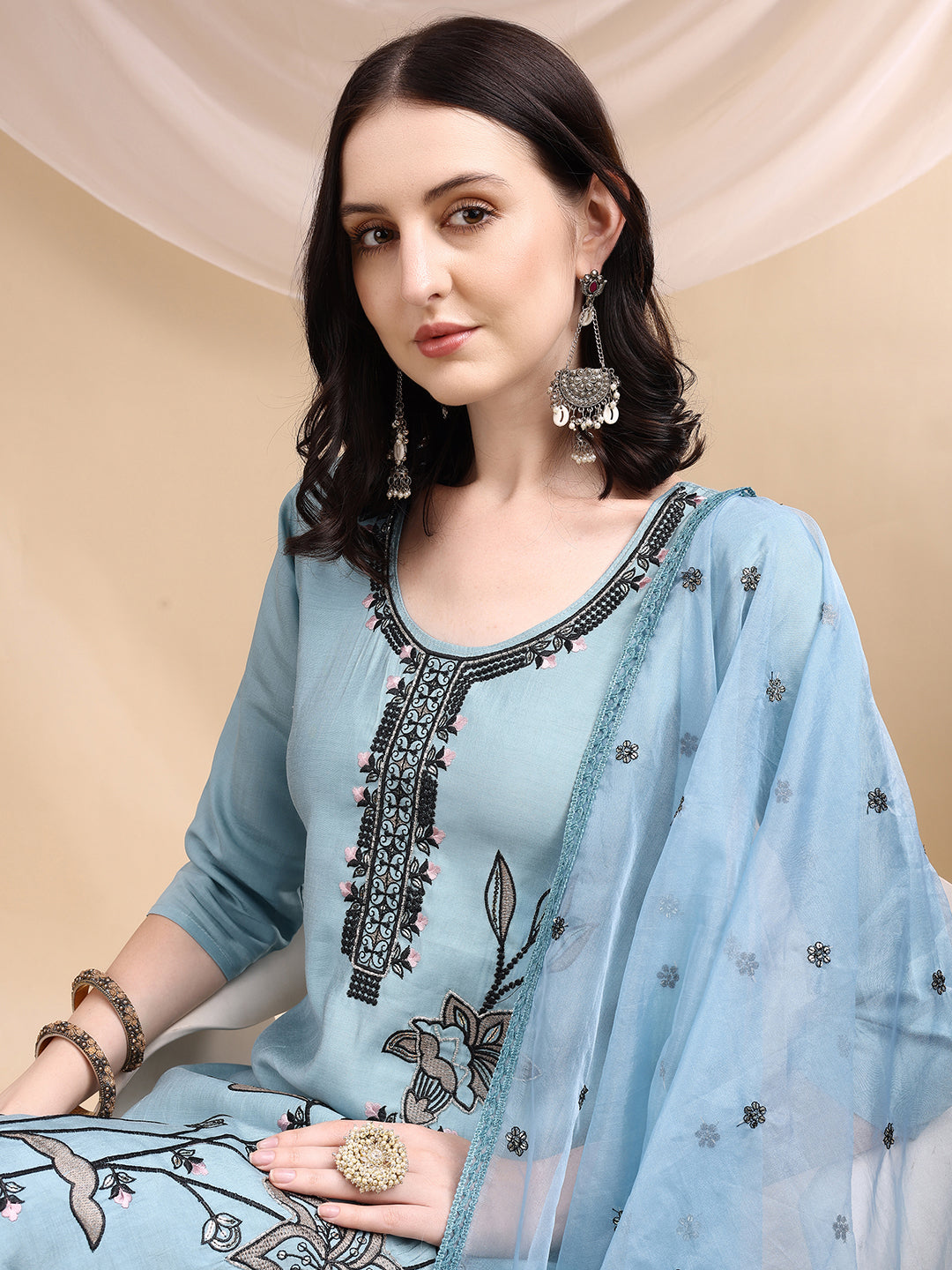 Embroidered Kurta With Pant & Embroidered Dupatta, Aqua-Blue - Hiral Fashion