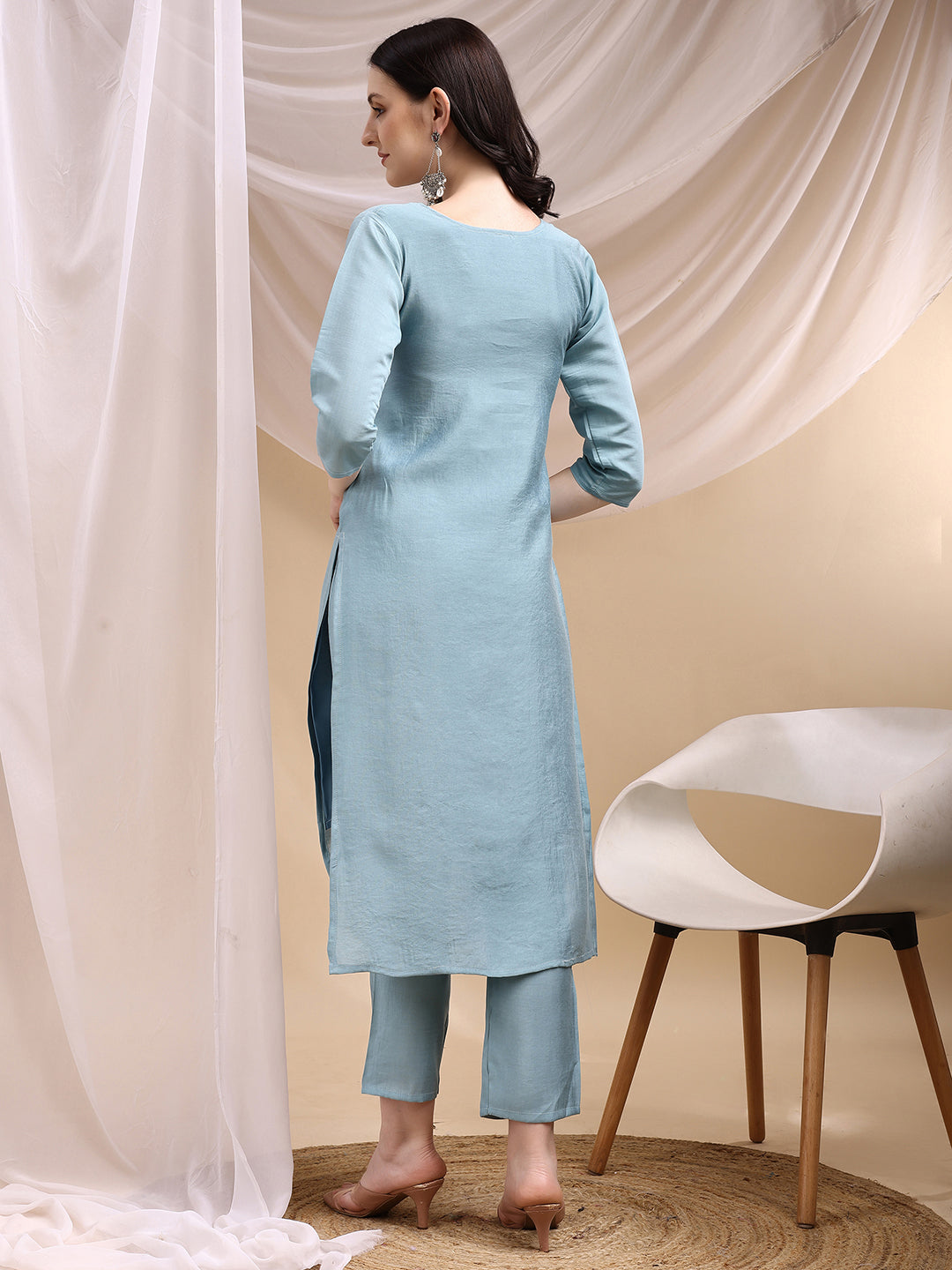 Embroidered Kurta With Pant & Embroidered Dupatta, Aqua-Blue - Hiral Fashion