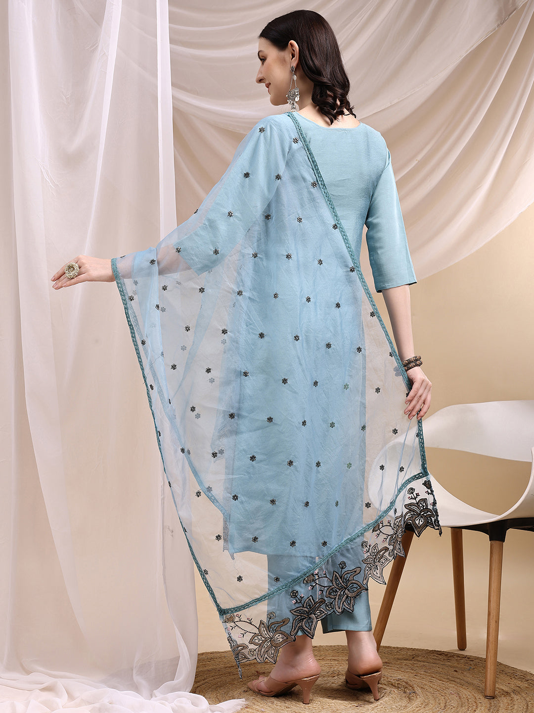 Embroidered Kurta With Pant & Embroidered Dupatta, Aqua-Blue - Hiral Fashion