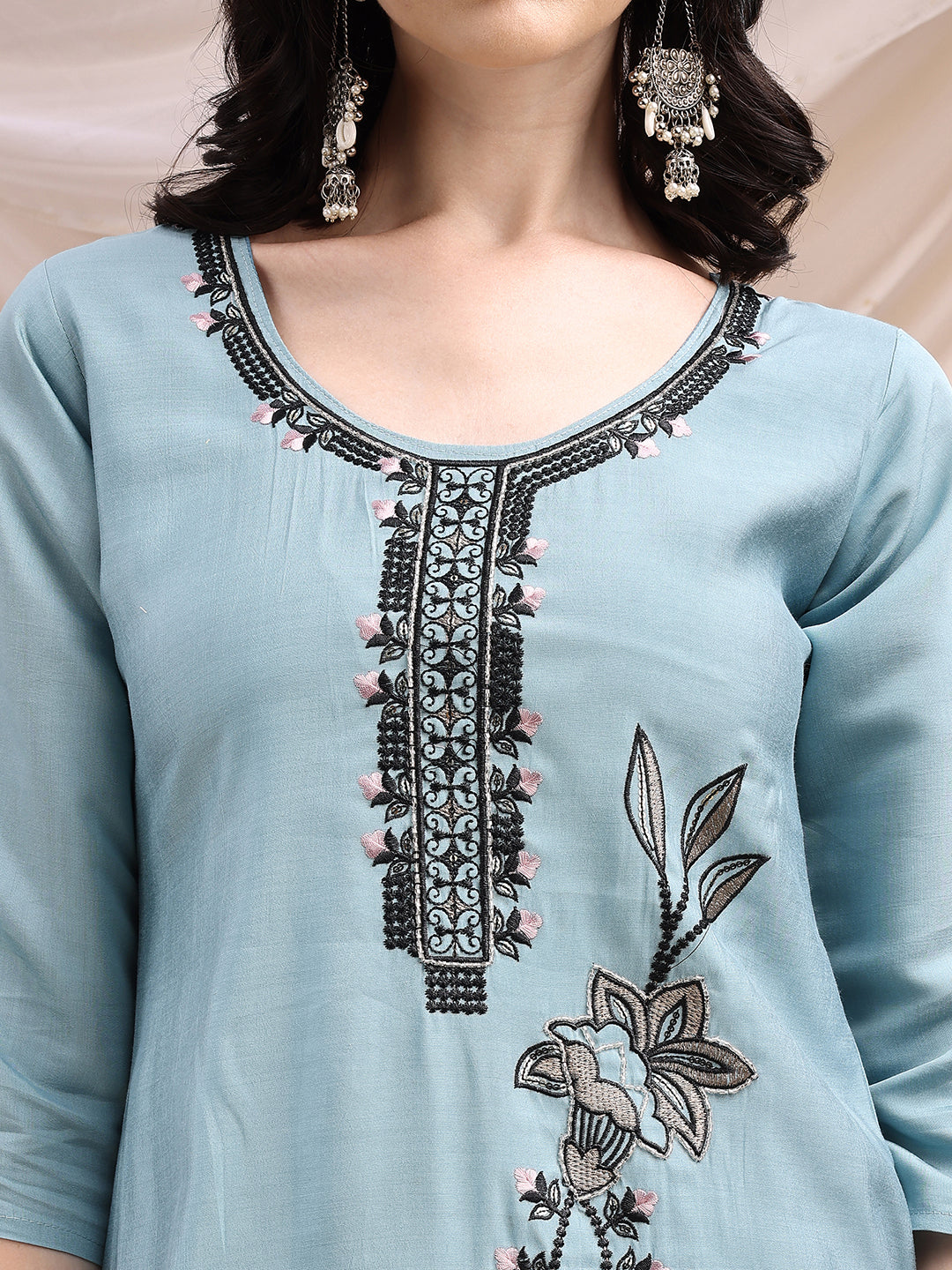 Embroidered Kurta With Pant & Embroidered Dupatta, Aqua-Blue - Hiral Fashion