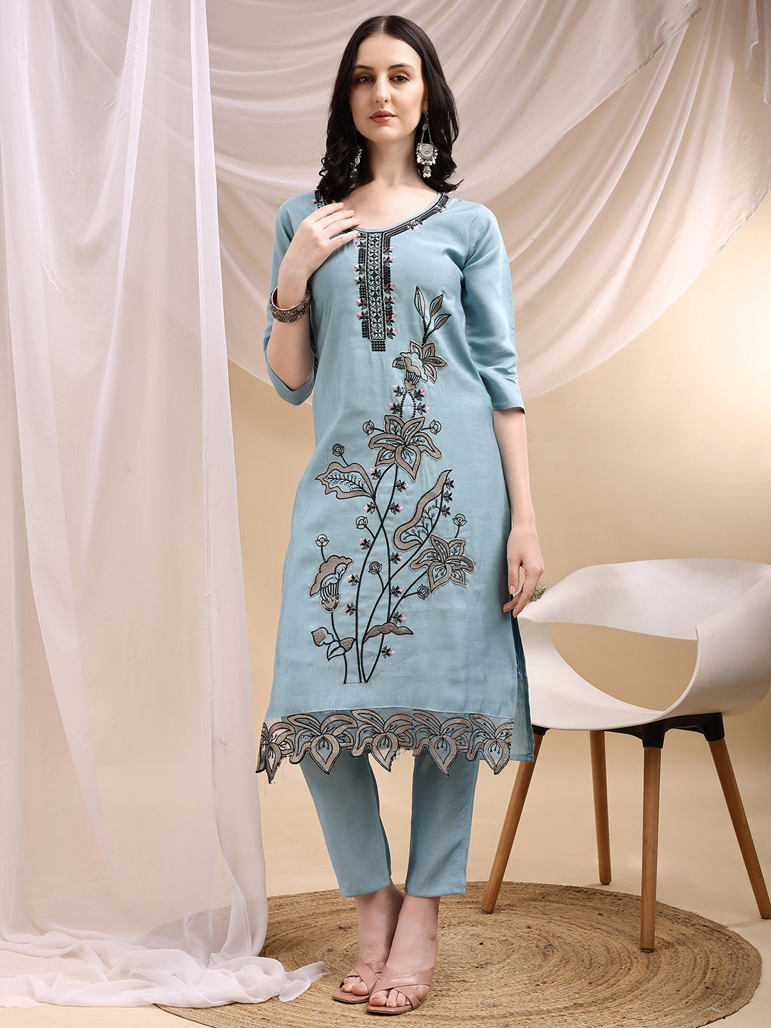 Embroidered Kurta With Pant & Embroidered Dupatta, Aqua-Blue - Hiral Fashion