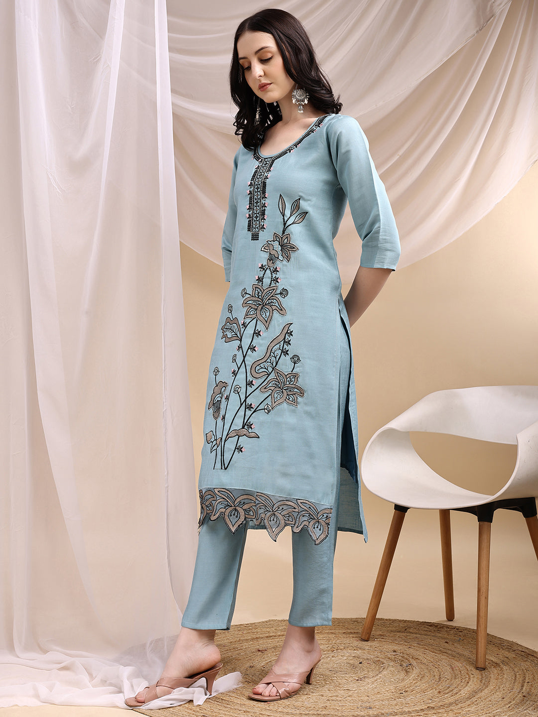 Embroidered Kurta With Pant & Embroidered Dupatta, Aqua-Blue - Hiral Fashion