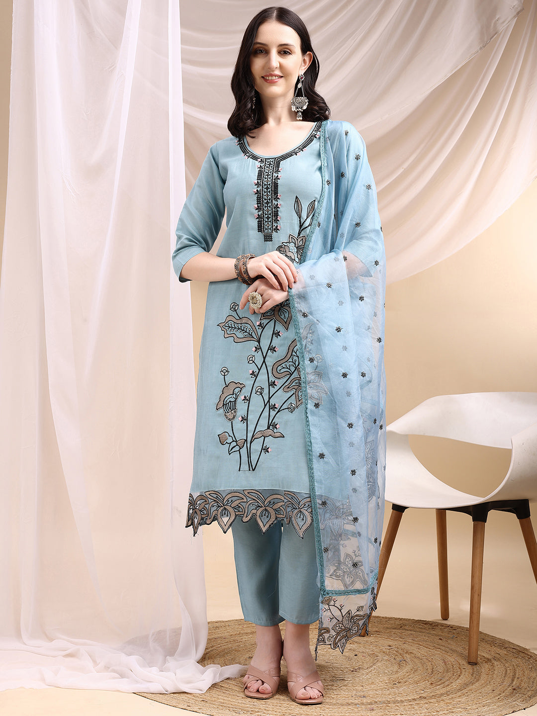 Embroidered Kurta With Pant & Embroidered Dupatta, Aqua-Blue - Hiral Fashion
