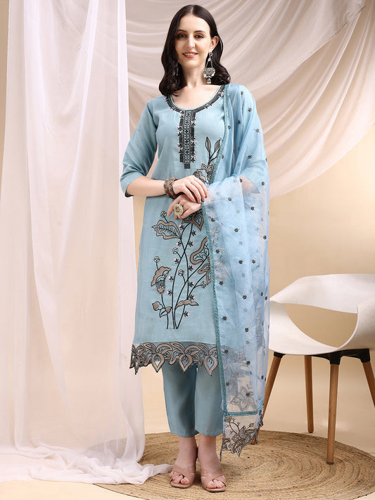 Embroidered Kurta With Pant & Embroidered Dupatta, Aqua-Blue - Hiral Fashion