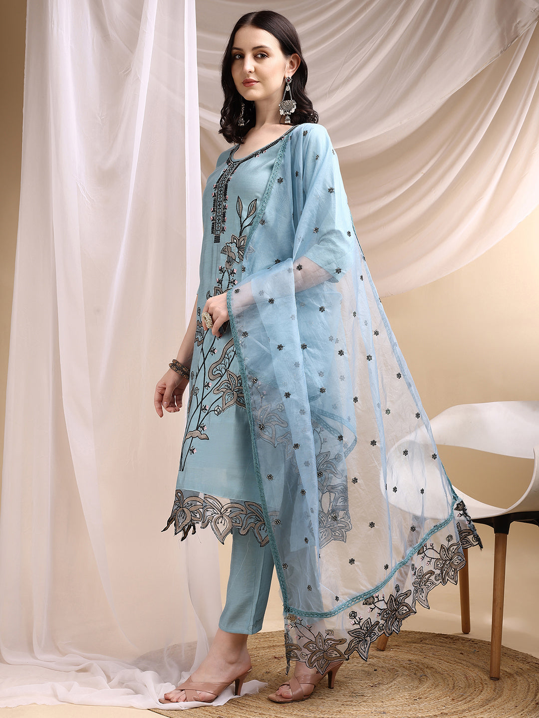 Embroidered Kurta With Pant & Embroidered Dupatta, Aqua-Blue - Hiral Fashion