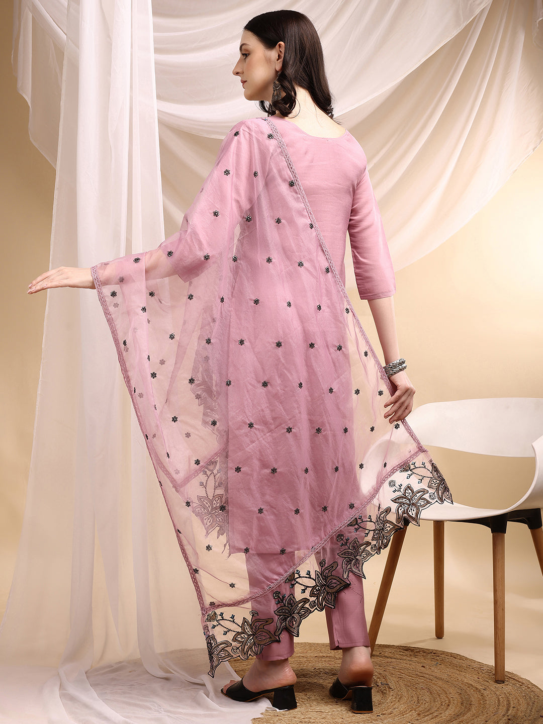 Embroidered Kurta With Pant & Embroidered Dupatta, Pink - Hiral Fashion