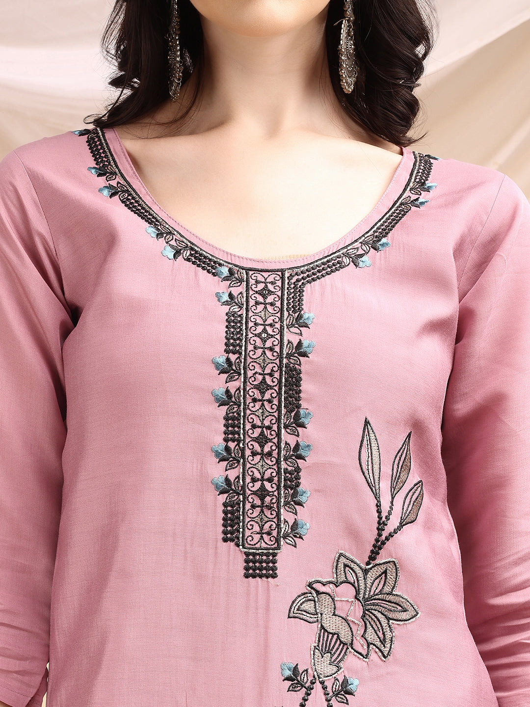 Embroidered Kurta With Pant & Embroidered Dupatta, Pink - Hiral Fashion