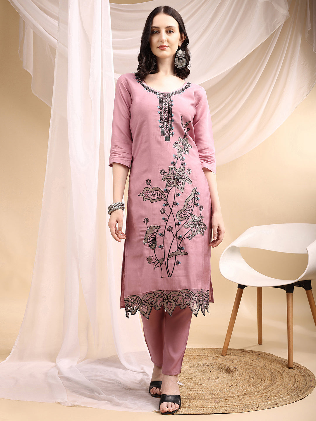 Embroidered Kurta With Pant & Embroidered Dupatta, Pink - Hiral Fashion