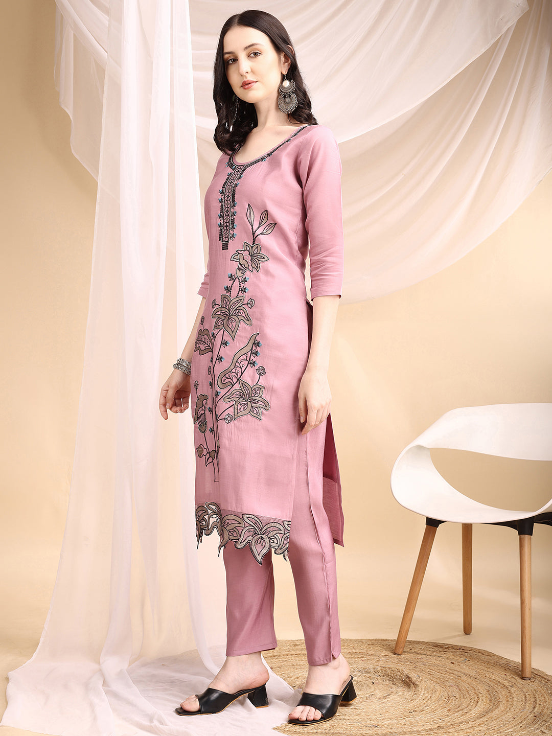 Embroidered Kurta With Pant & Embroidered Dupatta, Pink - Hiral Fashion