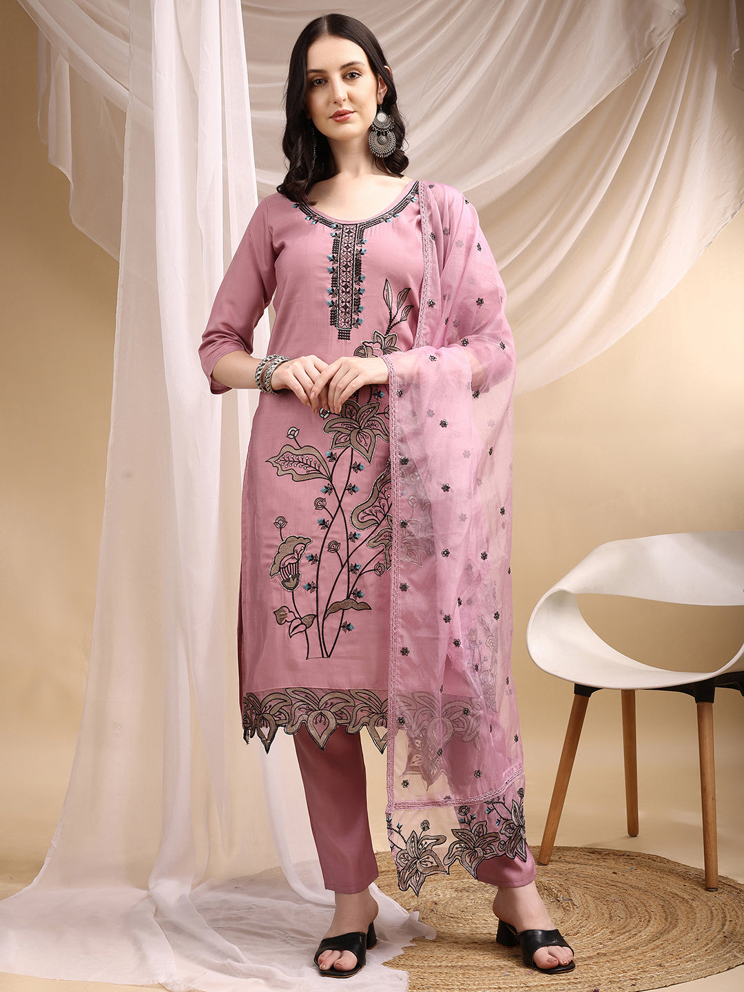 Embroidered Kurta With Pant & Embroidered Dupatta, Pink - Hiral Fashion