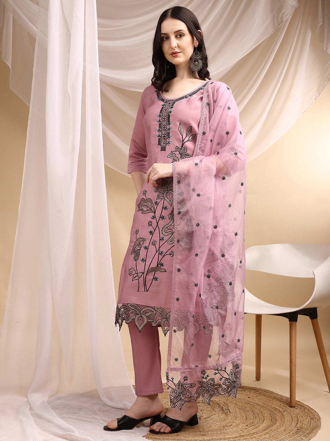 Embroidered Kurta With Pant & Embroidered Dupatta, Pink - Hiral Fashion