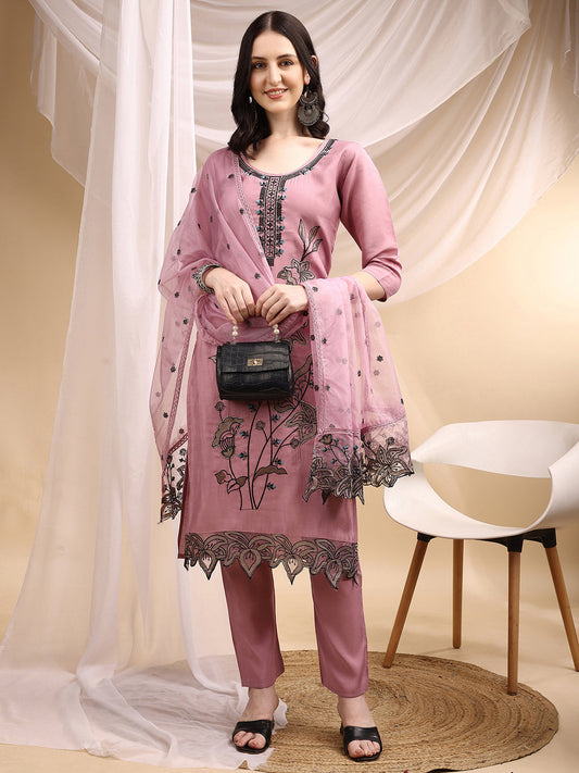 Embroidered Kurta With Pant & Embroidered Dupatta, Pink - Hiral Fashion
