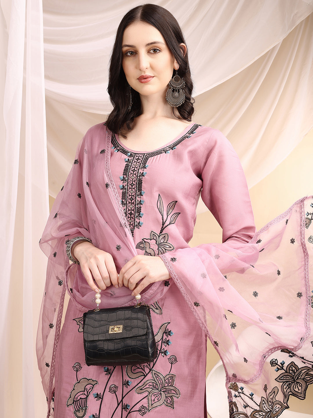 Embroidered Kurta With Pant & Embroidered Dupatta, Pink - Hiral Fashion