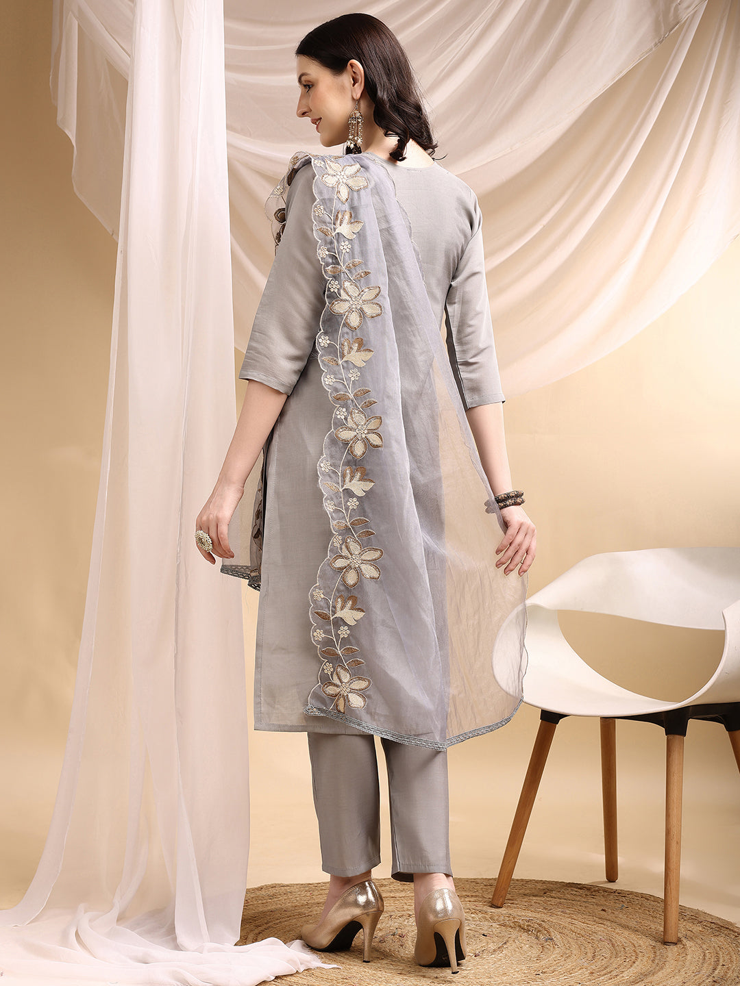 Hand & Thread Placement Embroidered Kurta With Pant & Embroidered Dupatta, Grey - Hiral Fashion