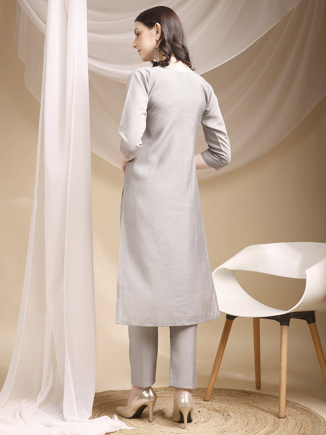 Hand & Thread Placement Embroidered Kurta With Pant & Embroidered Dupatta, Grey - Hiral Fashion