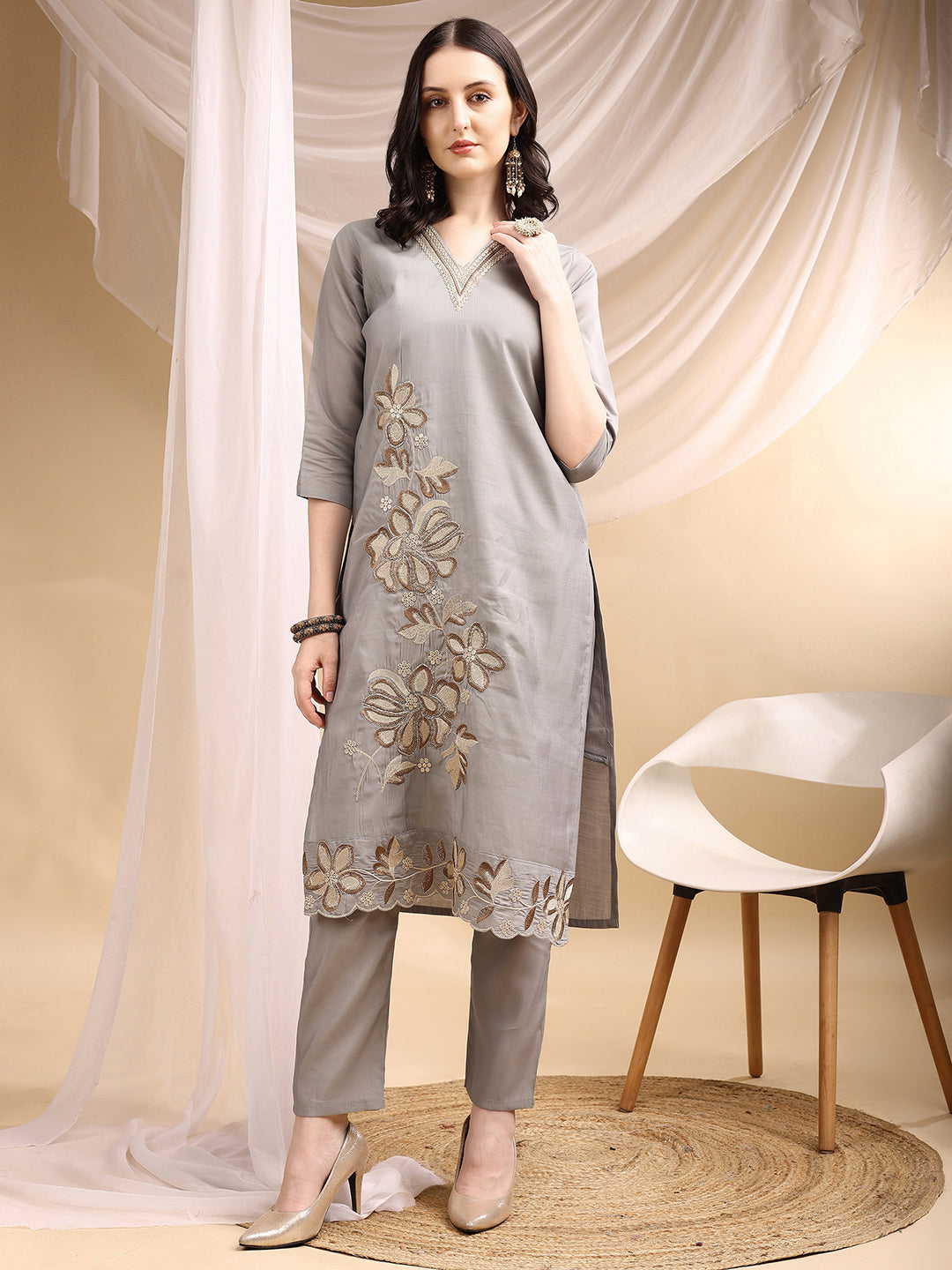 Hand & Thread Placement Embroidered Kurta With Pant & Embroidered Dupatta, Grey - Hiral Fashion