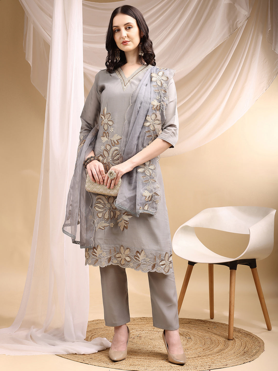 Hand & Thread Placement Embroidered Kurta With Pant & Embroidered Dupatta, Grey - Hiral Fashion