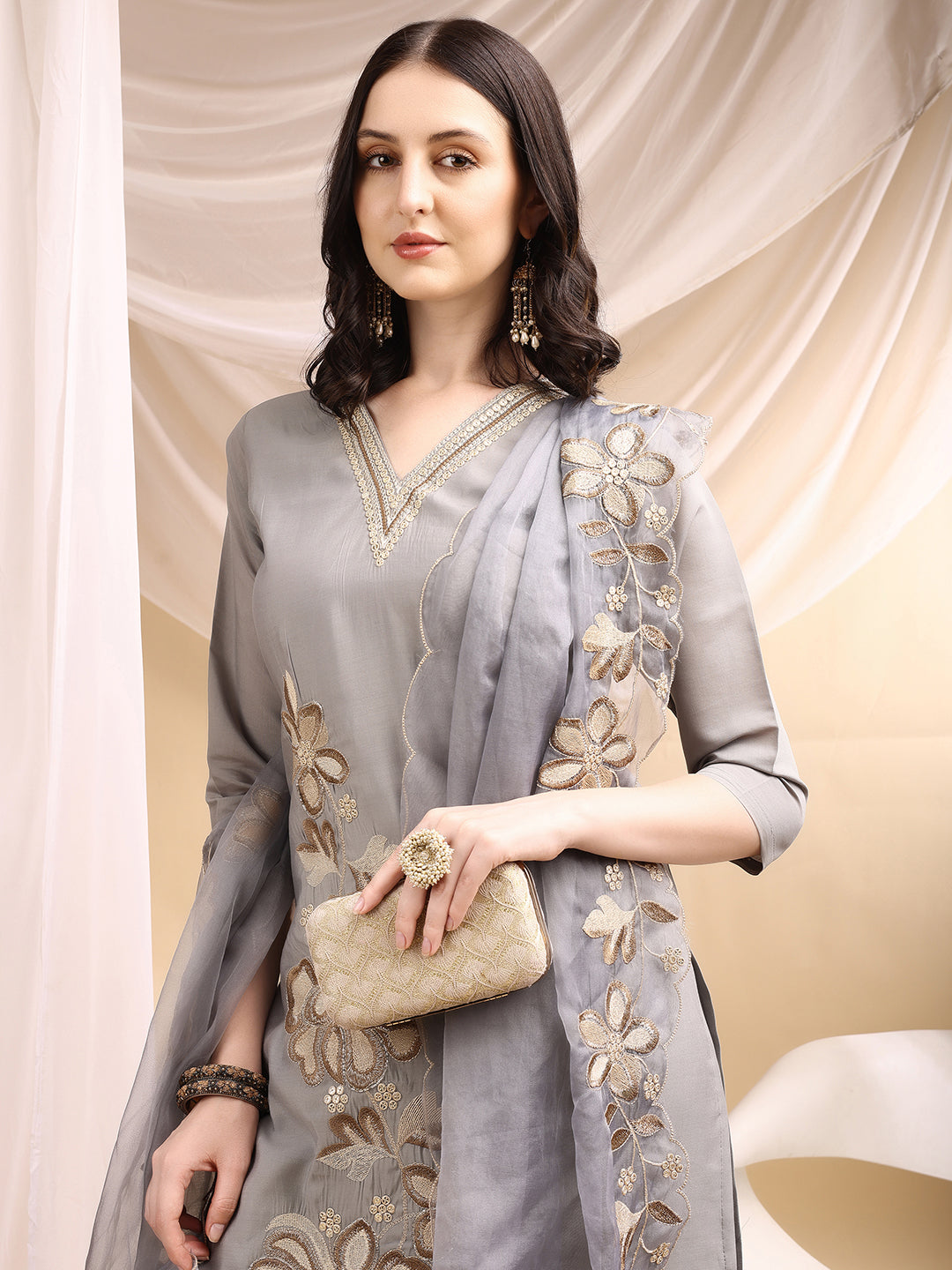 Hand & Thread Placement Embroidered Kurta With Pant & Embroidered Dupatta, Grey - Hiral Fashion