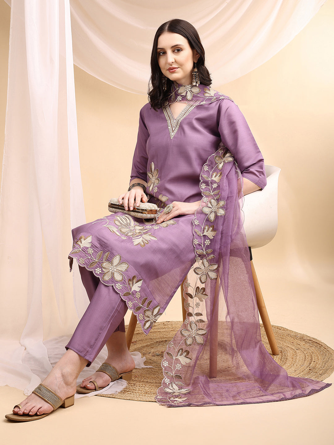 Hand & Thread Placement Embroidered Kurta With Pant & Embroidered Dupatta, Lavender - Hiral Fashion