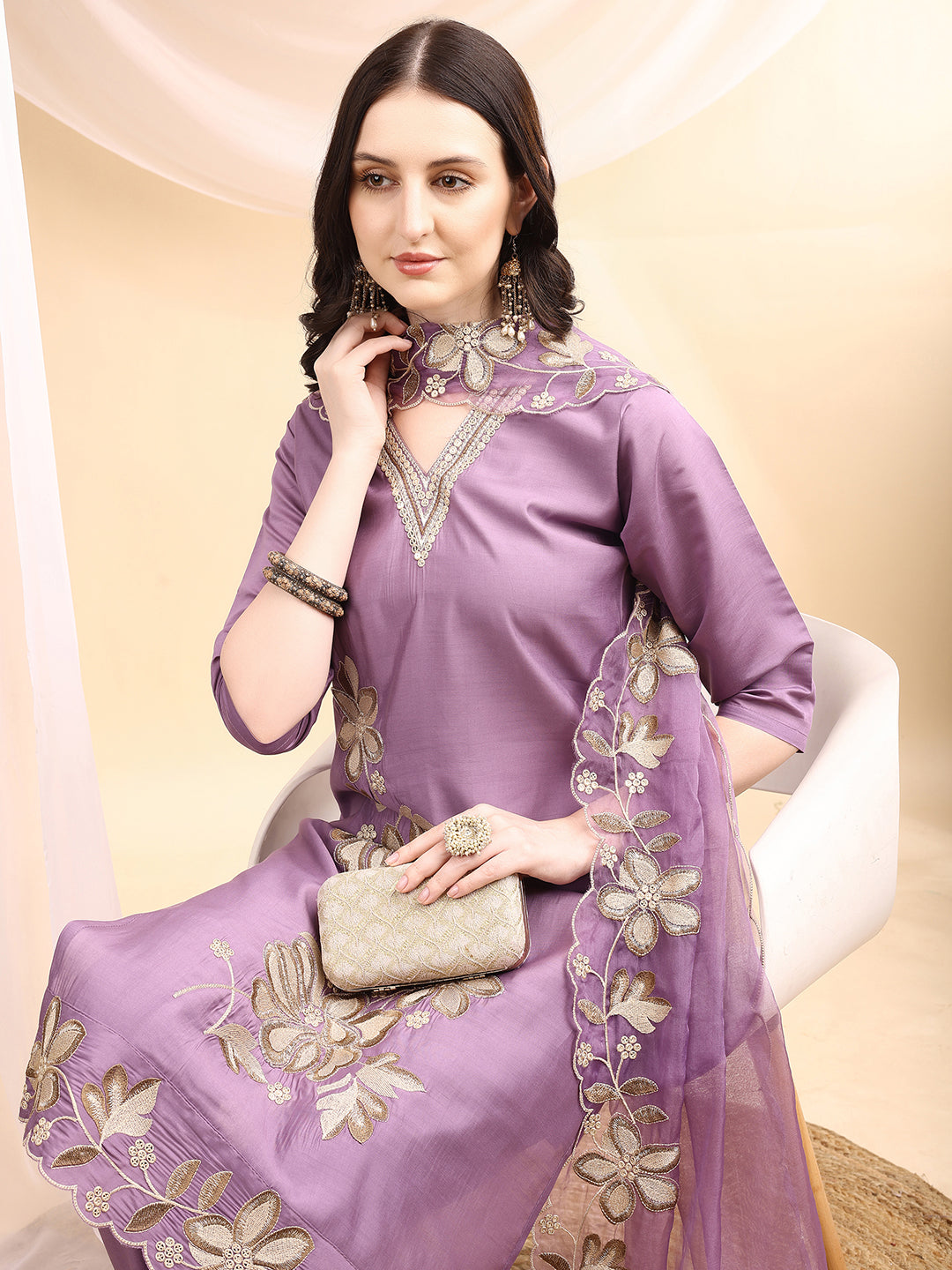 Hand & Thread Placement Embroidered Kurta With Pant & Embroidered Dupatta, Lavender - Hiral Fashion