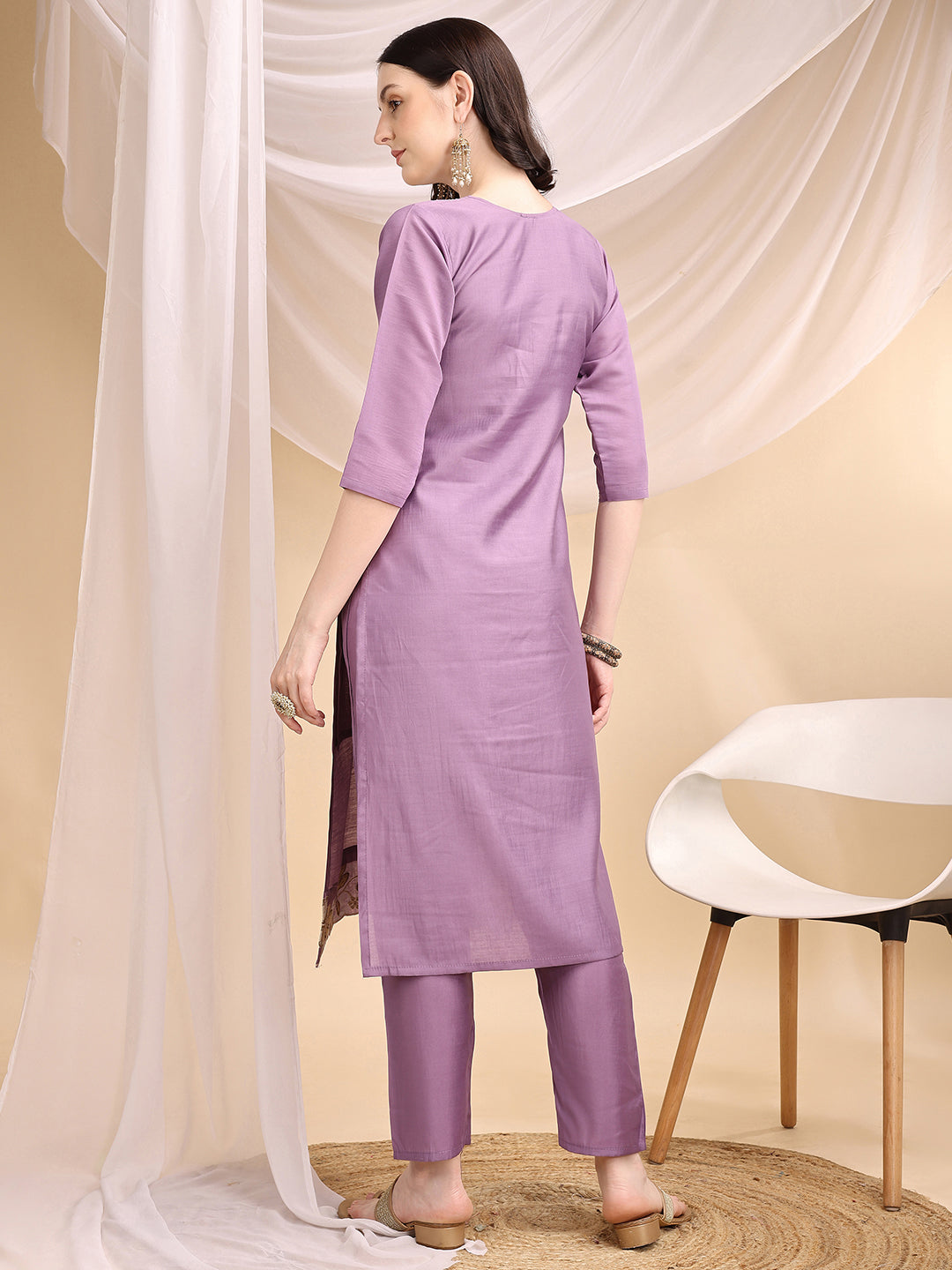 Hand & Thread Placement Embroidered Kurta With Pant & Embroidered Dupatta, Lavender - Hiral Fashion