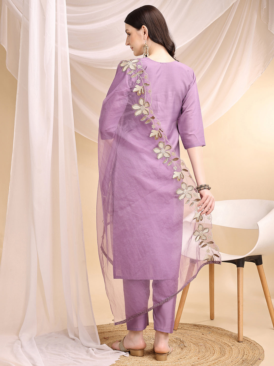 Hand & Thread Placement Embroidered Kurta With Pant & Embroidered Dupatta, Lavender - Hiral Fashion