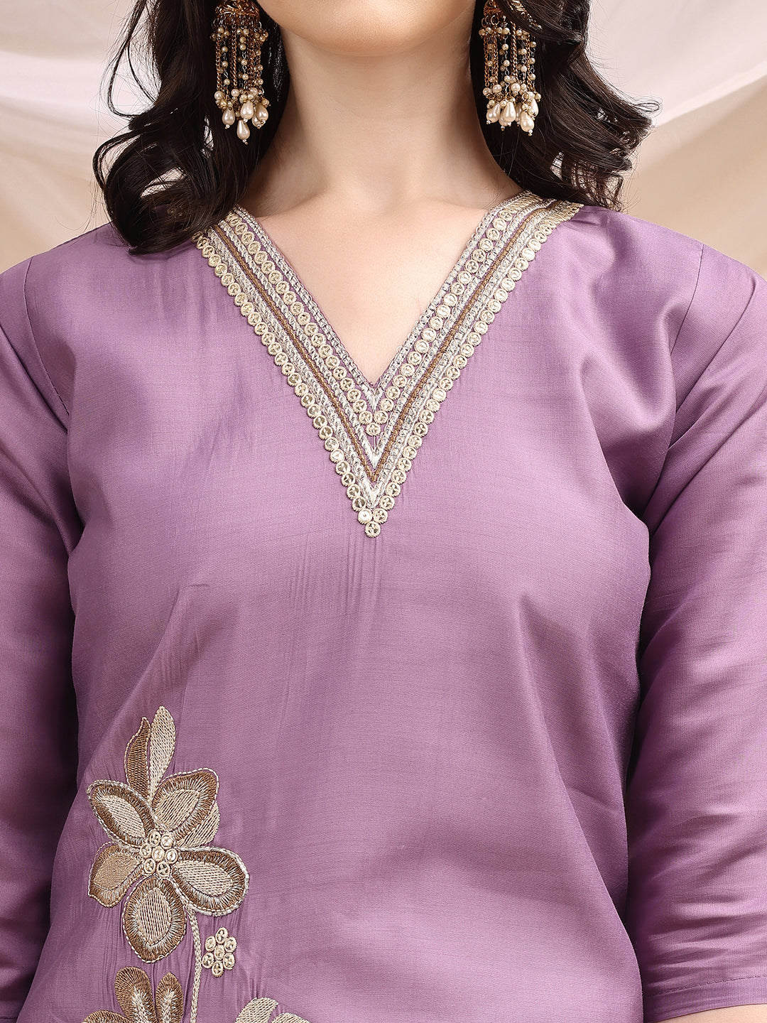 Hand & Thread Placement Embroidered Kurta With Pant & Embroidered Dupatta, Lavender - Hiral Fashion