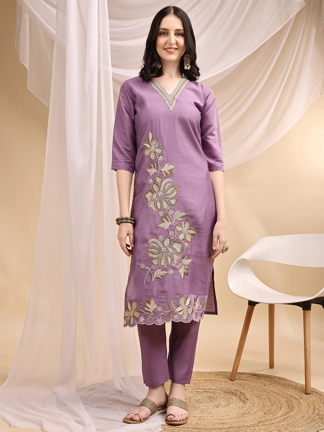 Hand & Thread Placement Embroidered Kurta With Pant & Embroidered Dupatta, Lavender - Hiral Fashion
