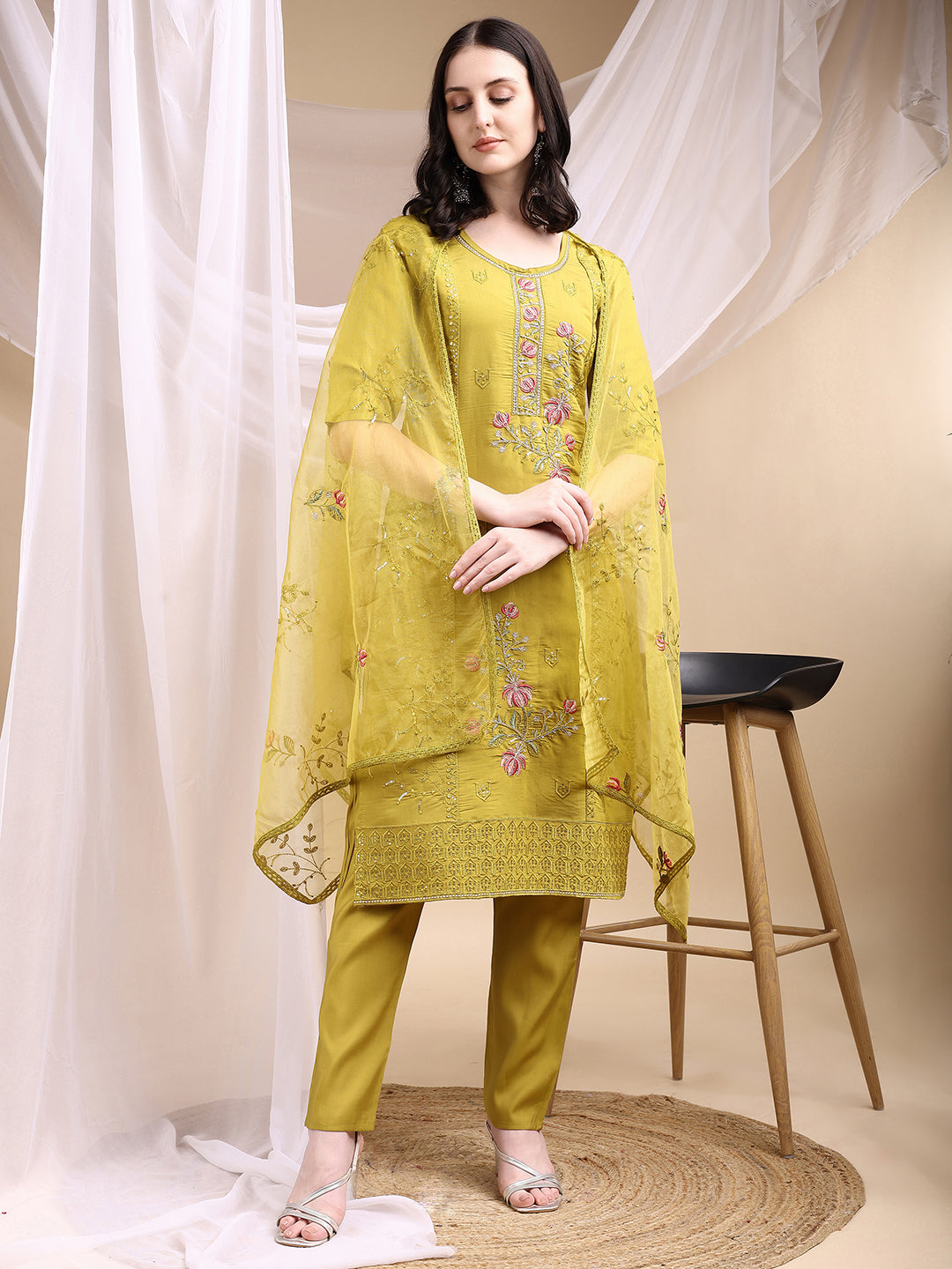 Hand Embroidered Kurta With Pant & Embroidered Dupatta, Mustard - Hiral Fashion