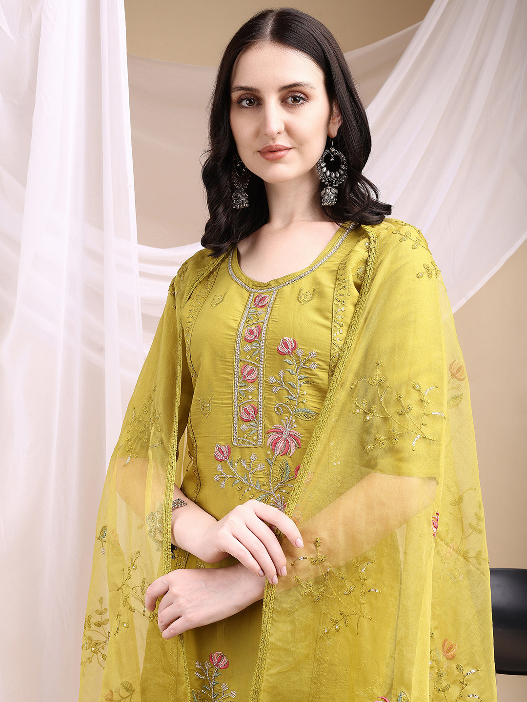 Hand Embroidered Kurta With Pant & Embroidered Dupatta, Mustard - Hiral Fashion