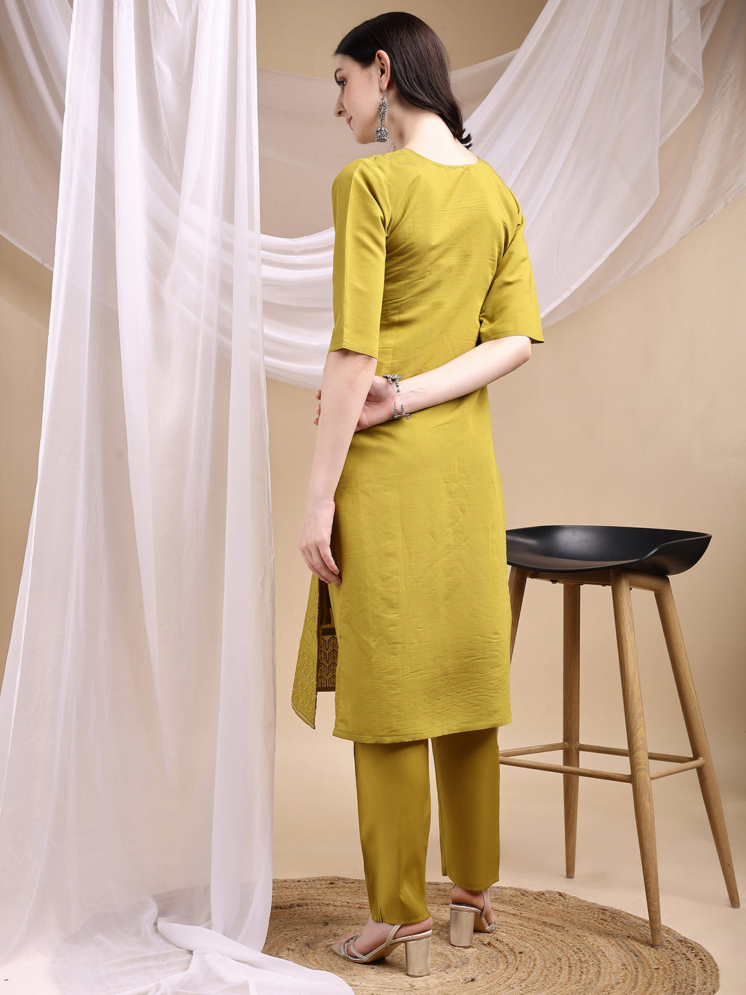 Hand Embroidered Kurta With Pant & Embroidered Dupatta, Mustard - Hiral Fashion