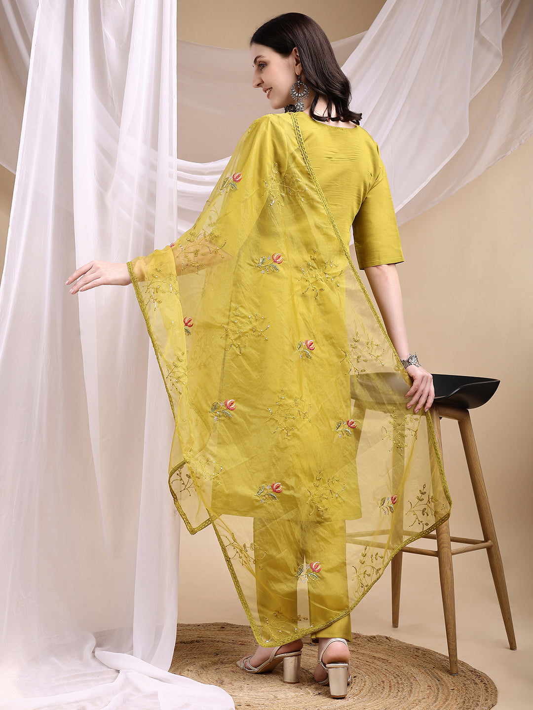 Hand Embroidered Kurta With Pant & Embroidered Dupatta, Mustard - Hiral Fashion