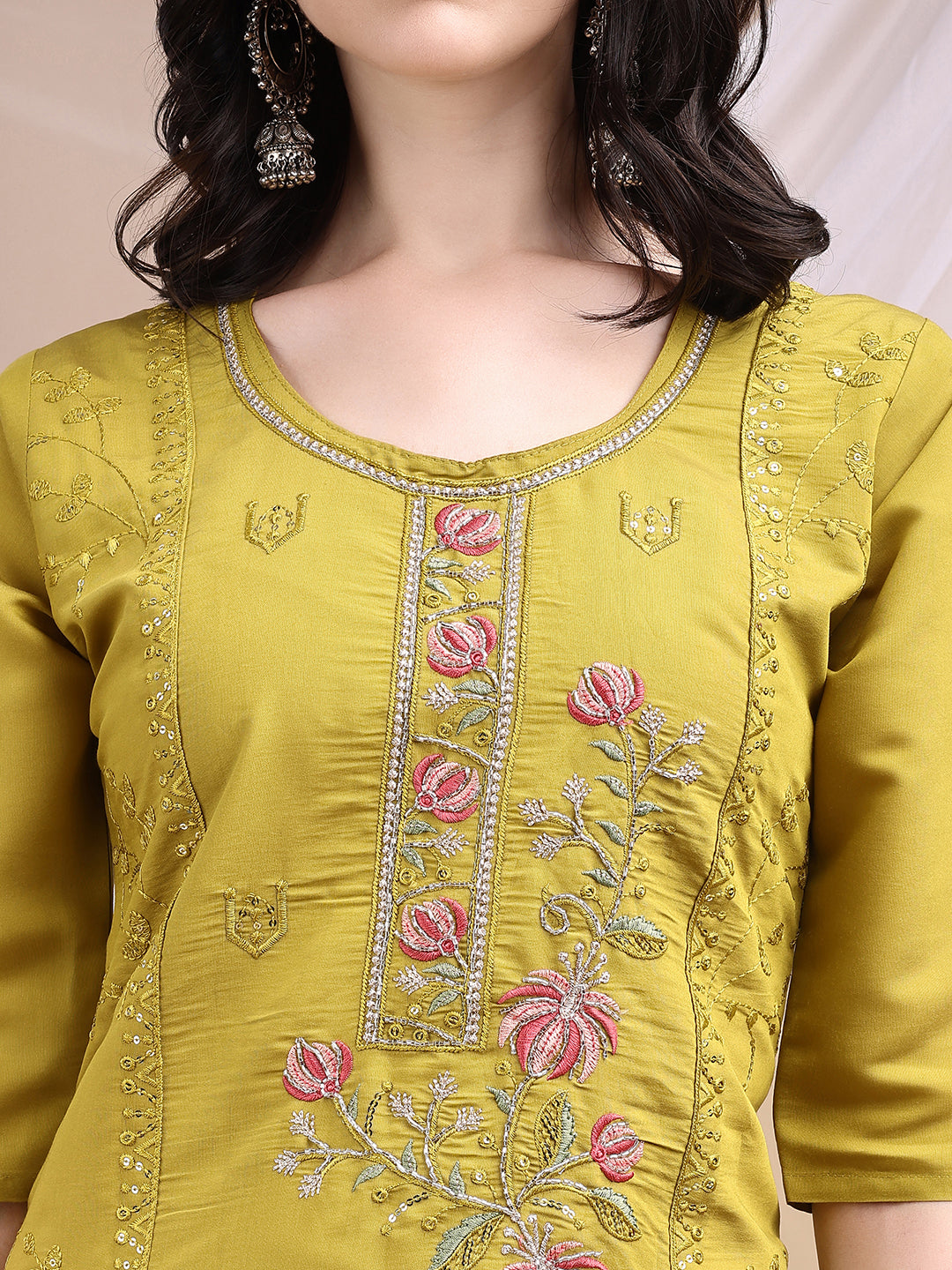 Hand Embroidered Kurta With Pant & Embroidered Dupatta, Mustard - Hiral Fashion