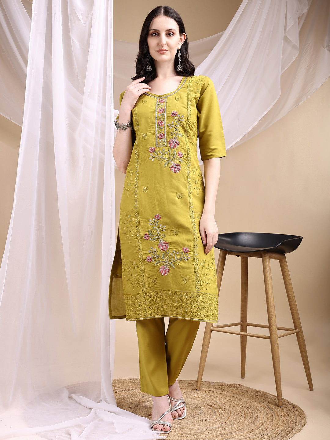 Hand Embroidered Kurta With Pant & Embroidered Dupatta, Mustard - Hiral Fashion