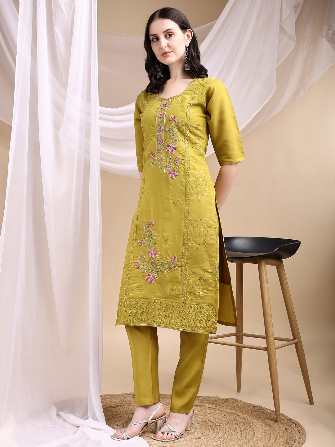 Hand Embroidered Kurta With Pant & Embroidered Dupatta, Mustard - Hiral Fashion