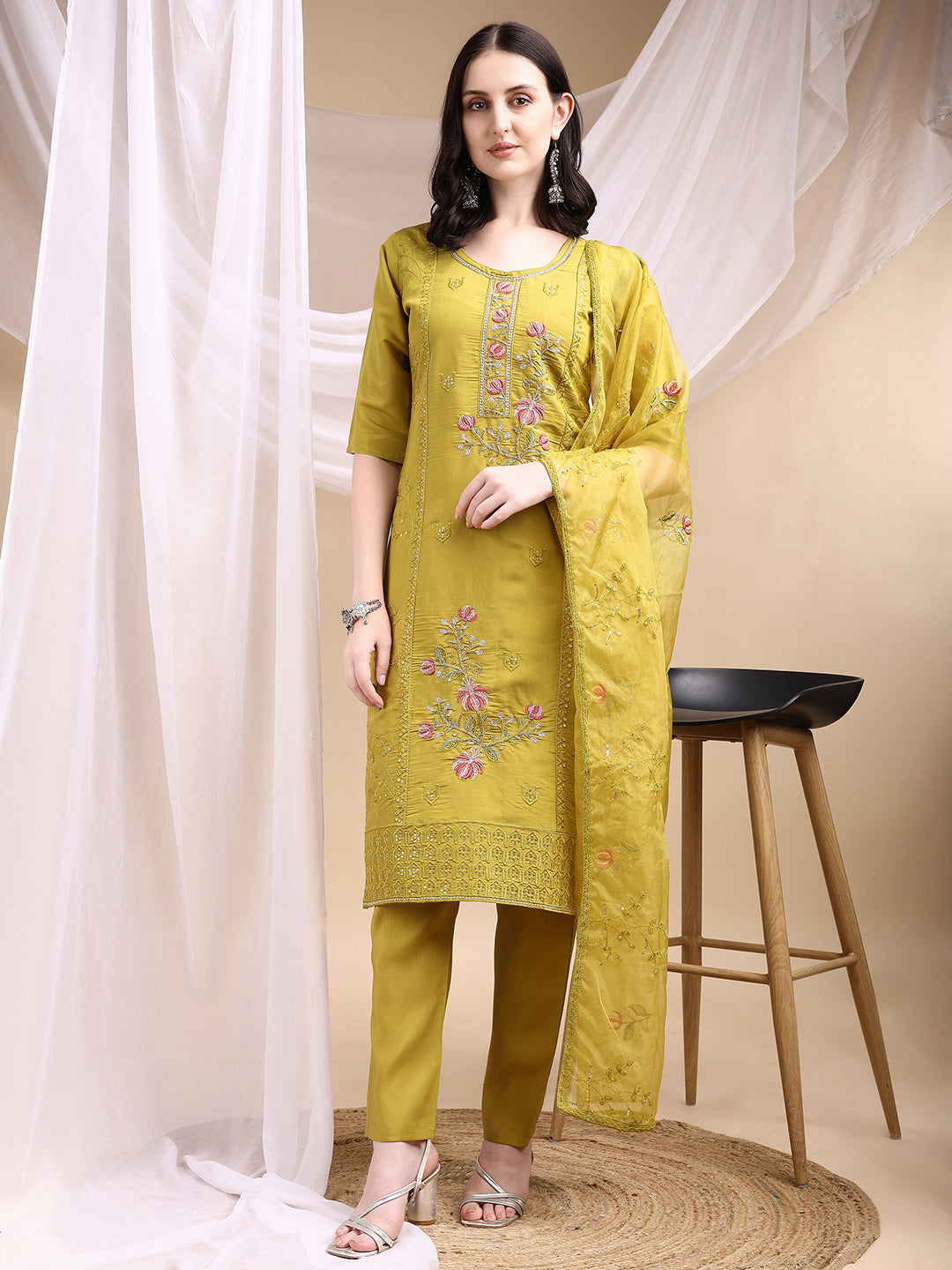Hand Embroidered Kurta With Pant & Embroidered Dupatta, Mustard - Hiral Fashion