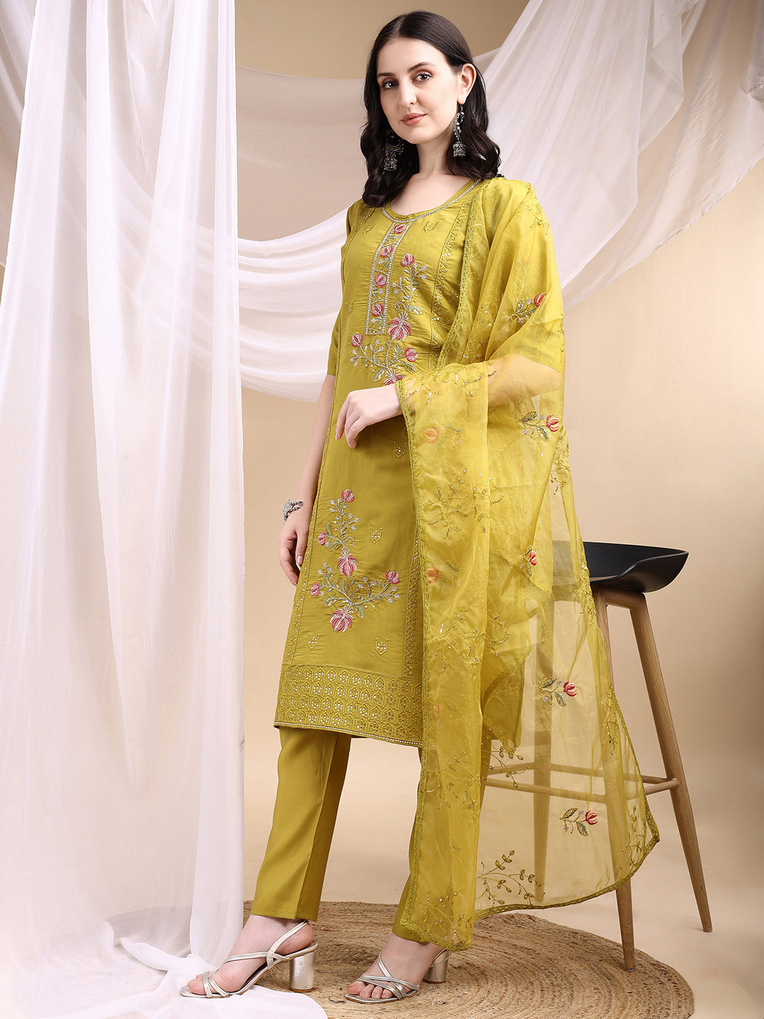 Hand Embroidered Kurta With Pant & Embroidered Dupatta, Mustard - Hiral Fashion