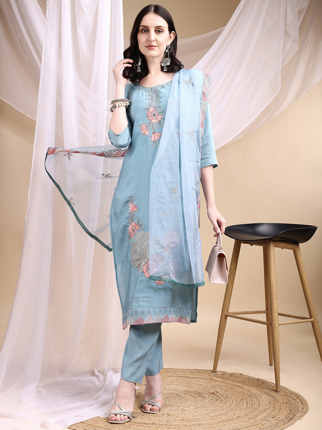 Hand Embroidered Kurta With Pant & Embroidered Dupatta, Turquoise - Hiral Fashion