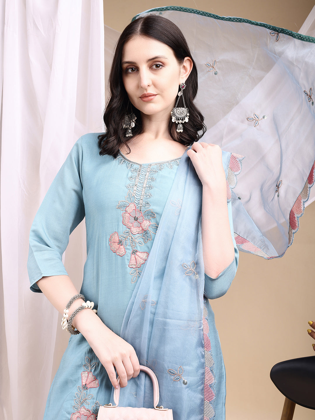 Hand Embroidered Kurta With Pant & Embroidered Dupatta, Turquoise - Hiral Fashion