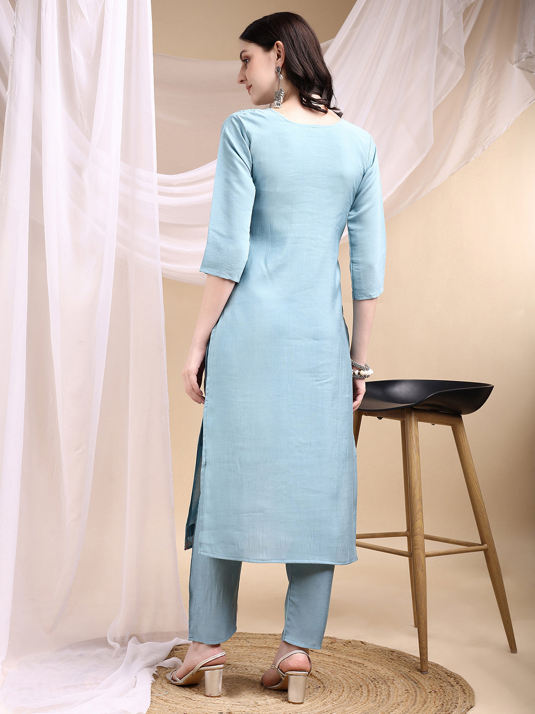 Hand Embroidered Kurta With Pant & Embroidered Dupatta, Turquoise - Hiral Fashion