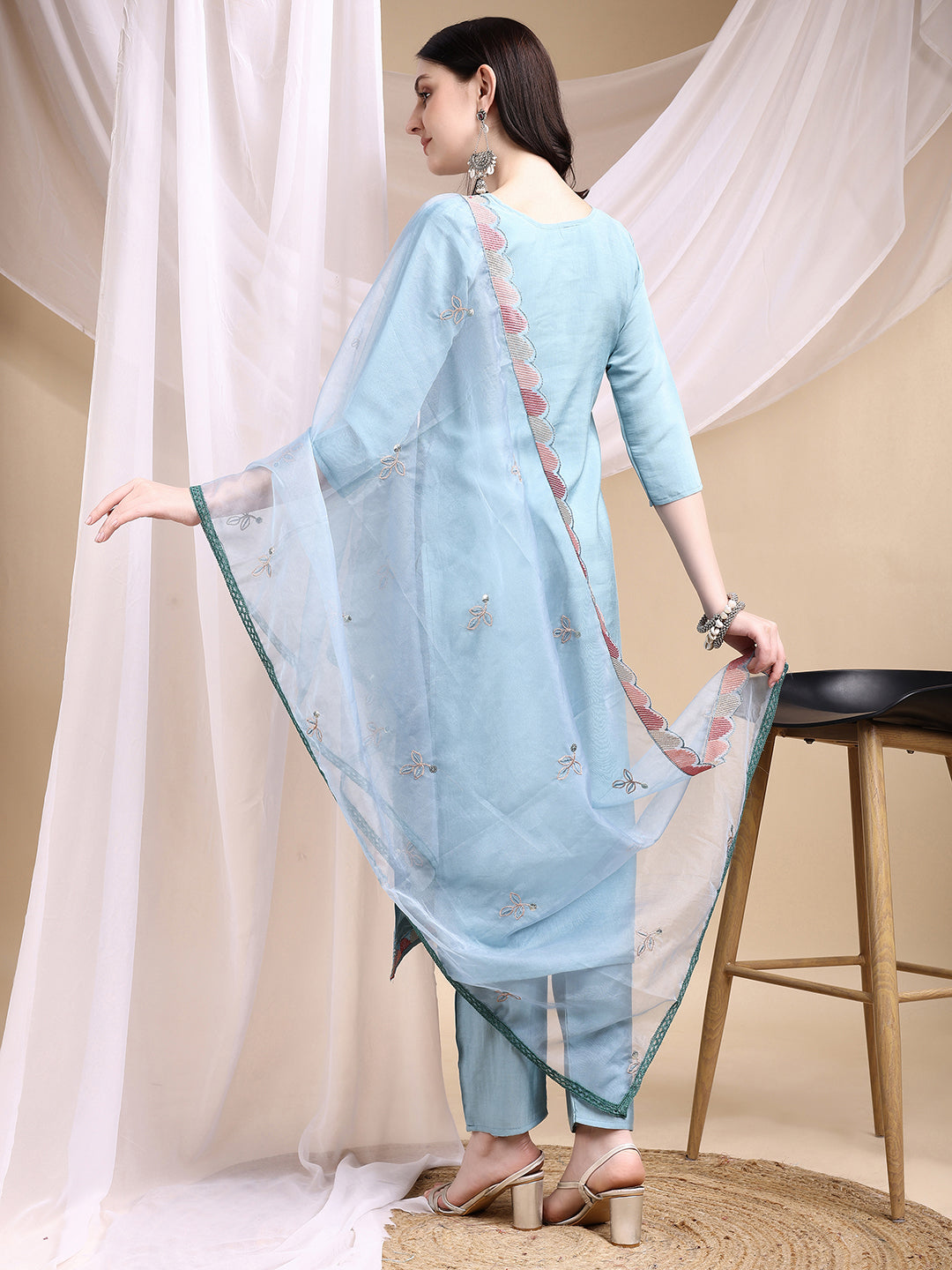Hand Embroidered Kurta With Pant & Embroidered Dupatta, Turquoise - Hiral Fashion
