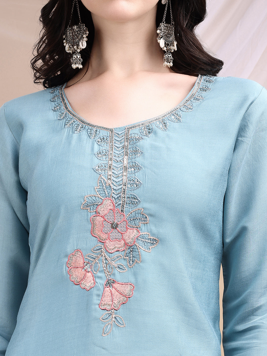 Hand Embroidered Kurta With Pant & Embroidered Dupatta, Turquoise - Hiral Fashion